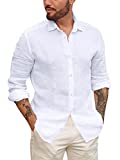 Mens Button Up Shirts Linen Beach Long Sleeve Casual Cotton Summer Lightweight Tops