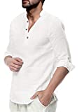 Makkrom Men's Linen Henley Shirt Long Sleeve Cotton Summer Beach Yoga Shirts Top White