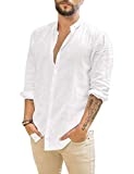 APRAW Mens Linen Button Down Shirts Long Sleeves Summer Beach Casual Regular Fit Shirt Tops White