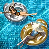 Zcaukya Inflatable Pool Float Chair, 2 Pack 47" Large Round River Sit Floaties with Headrest and Cup Holder, Shinning Glittered Pool Floating Tube Lounge Chair for Adult Summer Party Fun