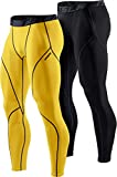 TSLA Men's Thermal Compression Pants, Athletic Sports Leggings & Running Tights, Wintergear Base Layer Bottoms, 2pack Tights Black&Charcoal/Yellow, Medium
