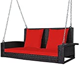 Tangkula 2-Person Wicker Hanging Porch Swing, Patiojoy Outdoor Rattan Swing Bench W/ 2 Back Cushions & 1 Seat Cushion, Sturdy Steel Chain, 800lbs Weight Capacity, Suitable for Deck, Backyard, Garden