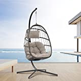 Egg Swing Chair with Stand Hanging Egg Chair Outdoor - Rattan Wicker Patio Hanging Basket Chair Hammock Chair with Aluminum Frame and UV Resistant Cushion for Indoor Bedroom Balcony (Grey)