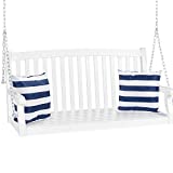 Best Choice Products 48in 3-Seater Hanging Porch Swing Acacia Wood Curved Back Bench Outdoor Patio Conversation Furniture for Yard, Patio, Deck w/Mounting Chains  White