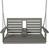 KINGYES Outdoor Hanging Porch Swing, 2 Seat Patio Swing Chair with Cup Holders, Waterproof Swing Chair Bench for Courtyard & Garden, 660LBS Weight Capacity, Gray