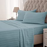 SLEEP ZONE Striped Cooling Queen Sheets Set 4 Piece - Super Soft Fitted Flat Sheet & Pillowcase Sets - Easy Care, Wrinkle Free, Fade Resistant, Deep Pocket 16" (Flint Blue, Queen)
