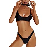 Womens 2 Piece Brazilian Thong Bikini Sets High Cut Swimsuits Padded Scoop Neck Push Up Top Bathing Suits Cheeky Swimwear