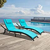 GUNJI Chaise Lounge Chairs for Outside 3 Pieces Patio Adjustable Lounge Chairs Set of 2 with Table Outdoor Rattan Wicker Pool Chaise Lounge Chairs Cushioned Poolside Folding Chaise Lounge Set (Blue)