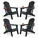 Folding Adirondack Chair Set of 4, Fire Pit Chairs, Plastic Adirondack Chairs Weather Resistant with Cup Holder, Composite Adirondack Chairs, Black