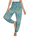 COOrun Women's Boho Pants Harem Smocked Waist Hippie Print Yoga Pants Floral Green XXL