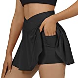 OMKAGI Women Pleated Tennis Skirts with Shorts Pockets Crossover High Waisted Golf Skirts(L,5-Black)