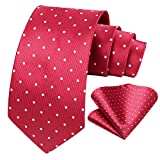 Polka Dot Ties for Men and Pocket Square Red Classic Woven Tie Formal Business Necktie Handkerchief Set for Wedding Party