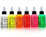 Bloodline Tattoo Ink Professional Blacklight UV 6 Color Set - 1/2 oz (15 ml) - HIGHLIGHT SERIES. Made in the U.S.A. Six bright fluorescent inks for your vibrant ideas