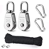 TooTaci 25MM Pulley Block System for Lifting with Rope and Hooks, 2pcs 304 Stainless Steel M25 Lifting Pulley Block Cable Wire Towing Wheel,66ft Nylon Rope & 2pcs Carabiner Hook