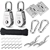 TooTaci Pulley System Set,Pulley Block with Rope and Hooks,Pulley and Rope Kit for Lifting,304 Stainless Steel M20 Single Pulley Wheels,with 20M/4mm Nylon Rope,Hooks,Eye Pad Plate,Rope Cleat