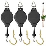 3 Pack Plant Pulley Hanger, Retractable Plant Hook Pulley, Adjustable Heavy Duty Plant Hanging Pulleys for Garden Baskets & Bird Feeder with 3 PCS Gold Metal Ceiling Plant Hooks (Black - 3 Pack)