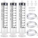 3 Pack 100ml/cc Large Plastic Syringe with Cap, 3Pcs 3.2ft Handy Plastic Tubing 14ga Blunt Tip and Luer Connections, Tubing Connnector for Scientific Labs, Measuring, Watering, Refilling, Filtration, Feeding