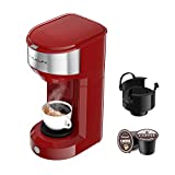 Single Serve Coffee Maker Coffee Brewer for K-Cup Single Cup Capsule and Ground Coffee, Single Cup Coffee Makers with 6 to 14oz Reservoir, Mini Size (Red)