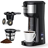 Single Serve Coffee Maker for K Cup and Ground Coffee, 6 to 14 Oz Brew Sizes, Fits Travel Mug, Mini One Cup Coffee Maker with Self-cleaning Function