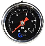 CARBO Instruments 1-1/2" Fuel Pressure Gauge, Stainless Steel Case 304, Chrome Plated Brass Connection, Glycerin Filled, 0-15 Psi, Accuracy 3-2-3%, Back Mount 1/8" NPT Black Dial