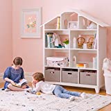 Martha Stewart Living and Learning Kids' Dollhouse Bookcase - Creamy White: Wooden Organizer Shelves with Storage Bins for Books, Dolls, Toys, School Supplies  Bookshelf for Bedroom or Playroom