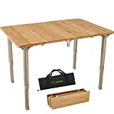 ATEPA Small Portable Lightweight Outdoor Folding Table in Carry Bag for Camping, Beach, Picnic, Travel, Patio, Aluminum Alloy Frame Compact Fold Up Height Adjustable 4-Fold Bamboo Wood Desktop