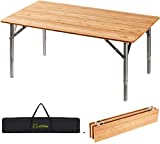 ATEPA Folding Bamboo Table 4-Fold Adjustable Height Camping Table Portable Compact Lightweight Outdoor Picnic Table with Carrying Bag, Supports 110lbs