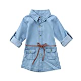 BiggerStore Fashion Kids Toddler Baby Girl Half/Long Sleeve Denim Tunic Jean Shirt Dress with Belt for Girl 1-5T (Blue, 12-18 Months)