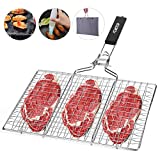 ACMETOP Portable BBQ Grill Basket Stainless Steel Fish Grill Basket with Removable Handle, Grill Accessories for Outdoor Grill Vegetables Fishes Shrimp -Bonus Grill Mat, Sauce Brush & Carrying Pouch