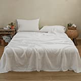 Simple&Opulence 100% Linen Sheet Set with Embroidery Washed - 4 Pieces (1 Flat Sheet & 1 Fitted Sheet & 2 Pillowcases) Natural Flax Soft Bedding Breathable Farmhouse - White, King Size
