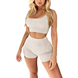 Beaufident Ribbed Workout Set for Women Active 2 Pieces Seamless Yoga Shorts with Stretch Paded Sports Top White