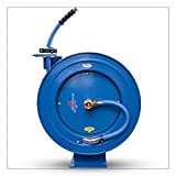 BLUSEAL BSWR5850 Retractable Hose Reel with 5/8" x 50' Hot Water Rubber Hose, 6' Lead-in, 500 PSI, Brass Fittings, Swivel Mount Hose Reel, 9 Pattern Spray Nozzle