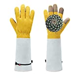 AOUCHI Long Green plant Rose Pruning Gardening Gloves for Woman/man, Fathers Day Dad Gifts Palm and Fingertips with Cowskin Provide Thorn&Cut Best Partner/Tools for Garden Farm WorkerL,Yellow+Grayish)
