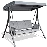 GOLDSUN Durable 3 Person Outdoor Patio Swing Chair with Side Pocket Bag Weather Resistant Canopy Steel Frame Swinging Bench for Balcony,Garden, Porch,Deck and Poolside(Grey)