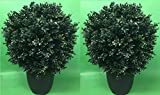 Two 24 Inch x 16 Inch Indoor Outdoor Artificial Boxwood Ball Topiary Bush 2 Foot Potted UV Rated