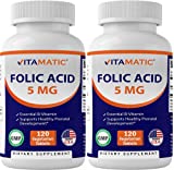 2 Pack - Vitamatic Folic Acid 5mg (5000 mcg) - 120 Vegetarian Tablets - (Vitamin B9 Folate) (Total 240 Tablets)