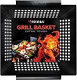 Kona Best Vegetable Grill Basket - Safe/Clean Porcelain Enameled BBQ Grilling Basket (Large 12x12x3 inches) for Veggies, Kabobs, Seafood, Meats