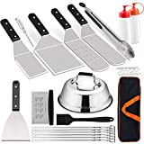 HaSteeL Griddle Accessories Set of 18, Professional Stainless Steel Griddle Spatula Tools with Storage Bag, Heavy Duty Cheese Melting Dome Metal Spatulas Choppers Great for Outdoor Teppanyaki Flat Top