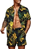 COOFANDY Men's Hawaiian Set Casual Floral Print Shirt Summer Shirt and Shorts Black