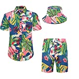 MCEDAR Men's Hawaiian Shirt and Short 2 Piece Vacation Outfits Sets Casual Button Down Beach Floral Shirts Suits with Bucket Hats 202128-XL