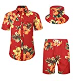 MCEDAR Men's Hawaiian Shirt and Short 2 Piece Vacation Outfits Sets Casual Button Down Beach Floral Suits with Bucket Hats(Red 8801,M)