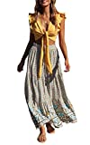 ZESICA Women's Bohemian Floral Printed Elastic Waist A Line Maxi Skirt with Pockets Cream