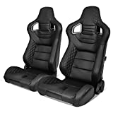 IKON MOTORSPORTS, Universal Racing Seats Pair with Dual Sliders, Black PU & Carbon Leather Reclinable Left Right