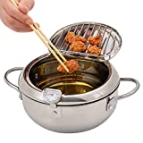 Deep Fryer Pot, Tempura Frying Pan, Stove Top, 9 x 5.5, 114 Oz (3.6 Qt), 304 Stainless Steel, Flat Bottom, w/Lid & Temperature Control Thermometer, Japanese Style Cookware, Mini Frier | Houseables