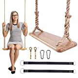 Premkid Hanging Wooden Swing, Swing Seat 24"x 8"x 1.2", Tree Swing with 500lbs Load, Adjustable Hemp Rope Plus Tree Straps 80 inch, Tree Swing for Adults, Wooden Swing Set for Indoor and Outdoor