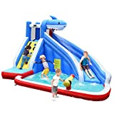 BOUNTECH Inflatable Water Slide, Shark Themed Water Slides for Kids Backyard w/Long Slide, Climbing Wall, Splashing Pool, Water Cannon, Indoor Outdoor Giant Water Park (Without Blower)
