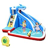 HONEY JOY Inflatable Water Slides for Kids, Shark Themed Bouncy Water Castle w/Large Splash Pool & Water Guns, Bounce House for Wet & Dry, Outdoor Blow up Water Park for Backyard(with 750w Blower)