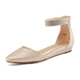 DREAM PAIRS Women's Gold Glitter Low Wedge Ankle Strap Flats Shoes Size 6 M US Amiga Shine