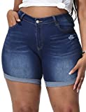 ALLEGRACE Women's Plus Size Denim Shorts High Waist Folded Hem Pockets Jeans Shorts 807 Dark Blue 18W
