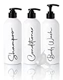 Alora Reusable Shampoo and Conditioner Bottles - Set of 3 - Permanent Stylish Labels - 16oz Pump Bottle Dispenser for Shampoo, Conditioner, Body Wash - Empty Plastic Refillable Containers for Shower